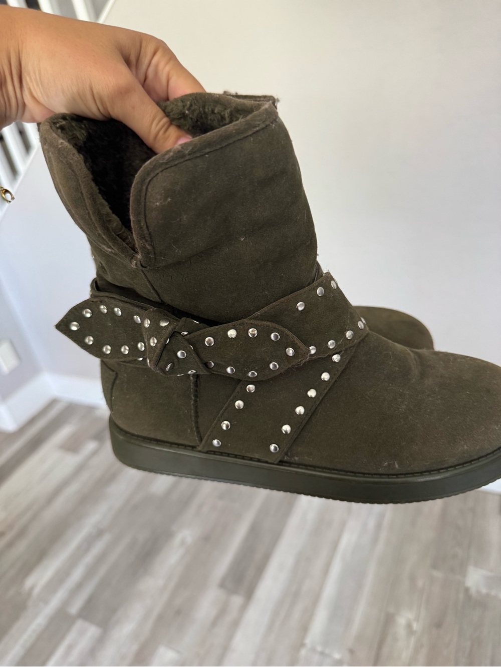 G by Guess Olive Green Studded Suede Ankle Booties